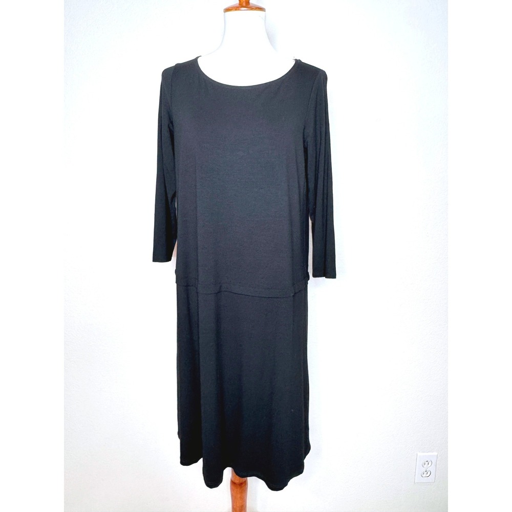 EILEEN FISHER Midi Shift Dress MEDIUM Black System Lagenlook Minimalist 3/4 Slvs